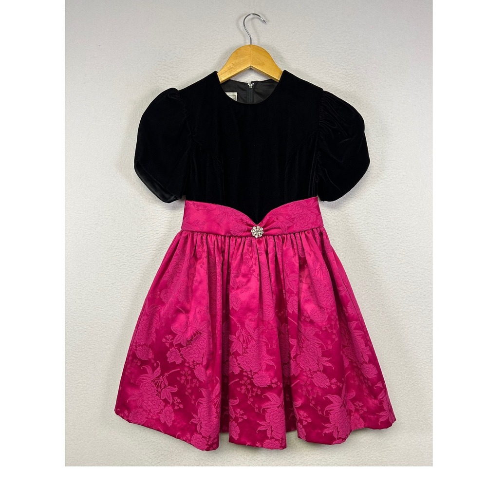 Holiday Party Jessica McClintock Kids 7 Pink Black Velvet Floral Jacquard Dress